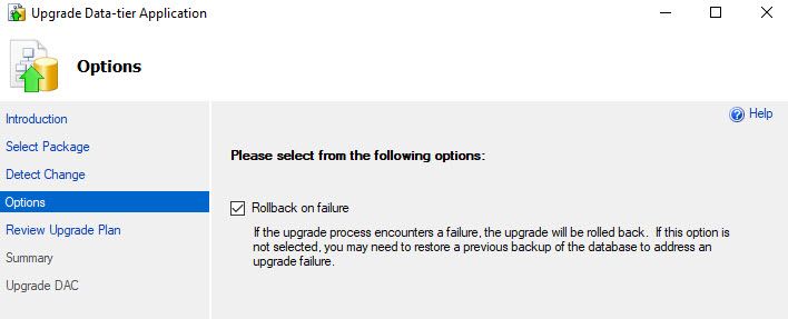 The Options page displays. Under Please select from the following options, the check box for Rollback on failure is selected.